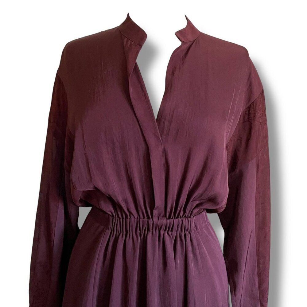 Vince Womens Midi Dress Sz Small Merlot Red Silk Jacquard Minimalist Blouson - Picture 4 of 12